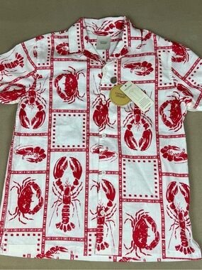 Common People Men’s White & Red Lobster Print Short-Sleeve Button-Down Shirt